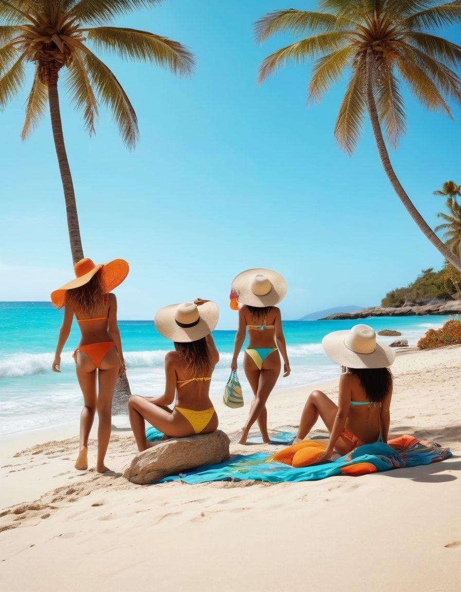 A stylish beach scene featuring a diverse group of women showcasing various trendy bikinis, surrounded by palm trees and vibrant beach umbrellas. Include accessories like oversized hats, sunglasses, and beach bags to highlight resort wear. The setting should have soft sandy shores with turquoise waves gently lapping at the beach, evoking a glamorous vacation vibe. Capture the essence of summer with bright colors and a sunny atmosphere. super-realistic. vibrant colors. beach backdrop.
